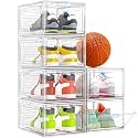 7 code Thicken & Sturdy Clear Shoe Storage Organizer with Magnetic Door, Stackable Boxes for Closet, Foldable Space-Saving Rack for Sneaker Boot Container, Plastic Cabinet Box 6 Pack, White