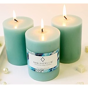 unscented pillar candles set of 3  70 hrs each  3x4 inch smokeless amp dripless wax candles for home decor  turquoise
