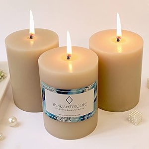 unscented pillar candles set of 3  70 hrs each  3x4 inch smokeless amp dripless wax candles for home decor  ivory