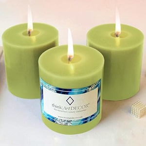 unscented pillar candles set of 3  55 hrs each  3x3 inch smokeless amp dripless wax candles for home decor  olive mint
