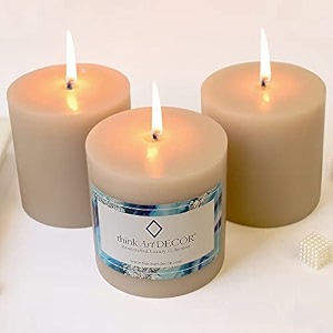 unscented pillar candles set of 3  55 hrs each  3x3 inch smokeless amp dripless wax candles for home decor  ivory