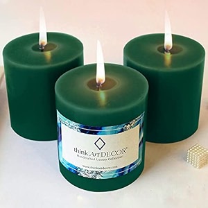 unscented pillar candles set of 3  55 hrs each  3x3 inch smokeless amp dripless wax candles for home decor  dark green