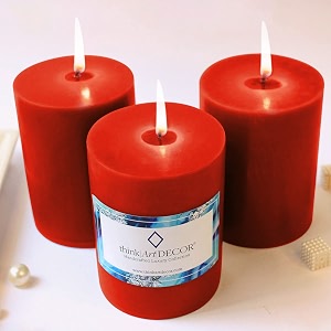 unscented pillar candles set of 3  70 hrs each  3x4 inch smokeless amp dripless wax candles for home decor  red
