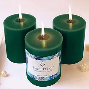 unscented pillar candles set of 3  70 hrs each  3x4 inch smokeless amp dripless wax candles for home decor  dark green