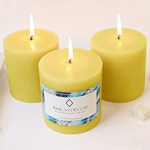 unscented pillar candles set of 3  55 hrs each  3x3 inch smokeless amp dripless wax candles for home decor  caramel brown