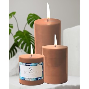 unscented pillar candles set of 3  55 70 90 hrs  3 4 6 inches smokeless amp dripless wax candles for home decor  caramel brown