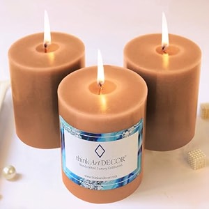 unscented pillar candles set of 3  70 hrs each  3x4 inch smokeless amp dripless wax candles for home decor  caramel brown