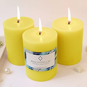 unscented pillar candles set of 3  70 hrs each  3x4 inch smokeless amp dripless wax candles for home decor  caramel brown