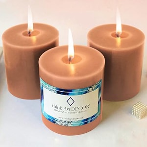 unscented pillar candles set of 3  55 hrs each  3x3 inch smokeless amp dripless wax candles for home decor  caramel brown