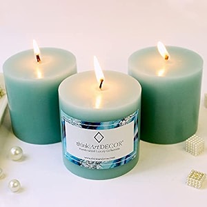 unscented pillar candles set of 3  55 hrs each  3x3 inch smokeless amp dripless wax candles for home decor  turquoise