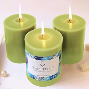 unscented pillar candles set of 3  70 hrs each  3x4 inch smokeless amp dripless wax candles for home decor  olive mint