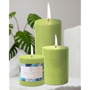 unscented pillar candles set of 3  55 70 90 hrs  3 4 6 inches smokeless amp dripless wax candles for home decor  olive mint