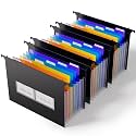 ThinkTex Plastic Expanding Hanging File Folders, 7 Accordion Pockets 1.2'' Expandable, Large Capacity, Multi-Color Tabs, for File Cabinet, Black - 3 Pack