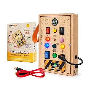 interactive plug-in rechargeable montessori busy board for toddlers 1-6 years sensory toy with lights amp switches fine motor skills hand eye coordination screen-free travel toy bis certified