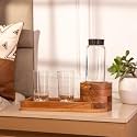 Thirstray Acacia Wood Water Bottle Holder Tray | Brown Bedside Bottle & Glass Organizer | Handcrafted Wooden Drink Holder | 14 x 5 x 4 Inches | for Bedroom, Guest Room, Hotel & Office