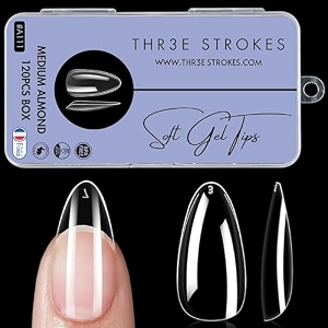 thr3e strokes 120pcs soft gel nail tips gel x nail tips clear fake nails full cover soft acrylic nailtips with box for extension nail manicure salon home diy medium almond