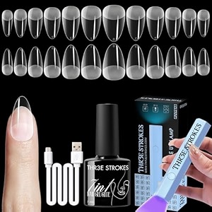 thr3e strokes gel nail kit easy nail extension set with 100pcs shaped tips 6 in 1 nail glue base gel and innovative led lamp easy funny diy nail tips art decoration at home gift for women gel x kit n3