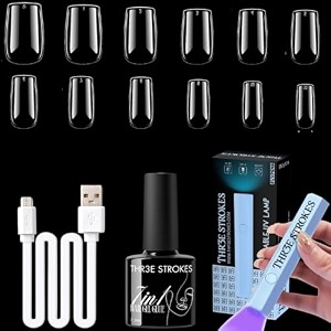 thr3e strokes gel nail kit easy nail extension set with 100pcs shaped tips 6 in 1 nail glue base gel and innovative led lamp easy funny diy nail tips art decoration at home gift for women gel x kit n3