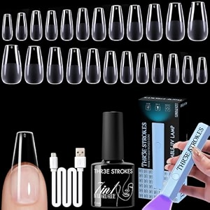 thr3e strokes gel nail kit easy nail extension set with 100pcs shaped tips 6 in 1 nail glue base gel and innovative led lamp easy funny diy nail tips art decoration at home gift for women p6 gel x kit