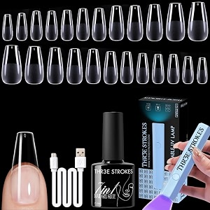 thr3e strokes gel nail kit easy nail extension set with 100pcs shaped tips 6 in 1 nail glue base gel and innovative led lamp easy funny diy nail tips art decoration at home gift for women gel x kit p6n14