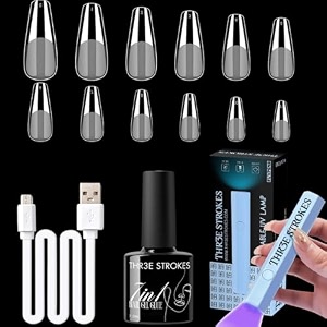 thr3e strokes gel nail kit easy nail extension set with 100pcs shaped tips 6 in 1 nail glue base gel and innovative led lamp easy funny diy nail tips art decoration at home gift for women gel x kit n19