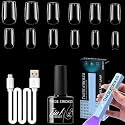 THR3E STROKES Gel Nail Kit Easy Nail Extension Set With 100Pcs Shaped Tips 6 in 1 Nail Glue Base Gel and Innovative Led Lamp Easy Funny Diy Nail Tips Art Decoration at Home Gift for Women (GEL X KIT (N3))