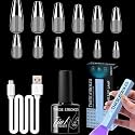 THR3E STROKES Gel Nail Kit Easy Nail Extension Set With 100Pcs Shaped Tips 6 in 1 Nail Glue Base Gel and Innovative Led Lamp Easy Funny Diy Nail Tips Art Decoration at Home Gift for Women (GEL X KIT (N19))