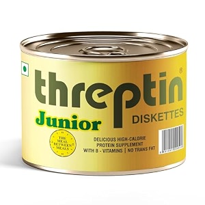 threptin junior-protein diskettes healthy snacks for kids - 250 gram casein protein diskette with calcium essential vitamins minerals shankhpushpi and brahmi-no maida- kesar pista100 veg
