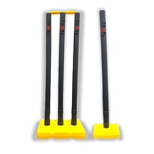 thrifty sports cricket stumps set - 4 stumps  2 bails  2 stand full size 303234 blk ylw 1