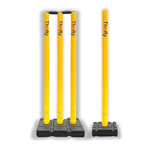 thrifty sports cricket stumps set - 4 stumps  2 bails  2 stand full size 303234 ylw blk  1