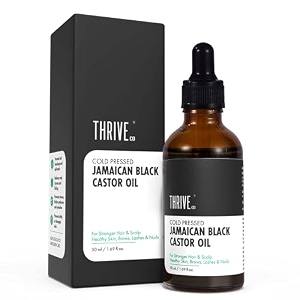 thriveco cold-pressed jamaican black castor oil for hair skin eyebrows eyelashes amp nails  promotes scalp health thicker brows amp lashes  prevents hair breakage  for men amp women  50 ml