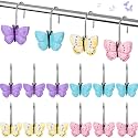 Thyle 12 Pcs Butterfly Shower Curtain Hooks Spring Colorful Resin Ornament Rings Butterfly Shower Curtain Hooks for Bathroom Bedroom Accessories
