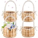 Thyle 4 Pcs Wicker Flower Girl Baskets Handled,White Lace,Bow