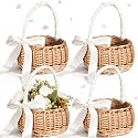 Thyle 4 Pcs Wicker Flower Girl Baskets Handled,White Ribbon,Bow