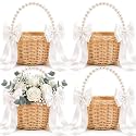Thyle 4 Pcs Wicker Flower Girl Baskets Handled,White Pearls,Bow
