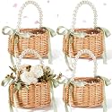 Thyle 4 Pcs Wicker Flower Girl Baskets Handled,Green Ribbon,Pearls