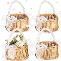 Thyle 4 Pcs Wicker Flower Girl Baskets Handled,Fishtail Yarn,Pearls