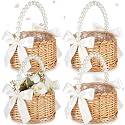 Thyle 4 Pcs Wicker Flower Girl Baskets Handled,White Bow,Pearls