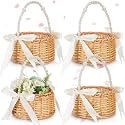 Thyle 4 Pcs Wicker Flower Girl Baskets Handled,White Ribbon,Pearls