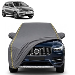 tiago 100 waterproof car cover  dustproof sun protection cover  soft cotton lining  triple stitched  mirror pocket  antenna pocket  all weather body cover grey with yellow piping