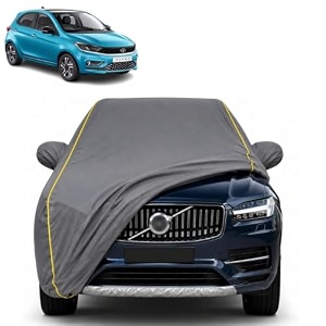 tiago new 100 waterproof car cover  dustproof sun protection cover  soft cotton lining  triple stitched  mirror pocket  antenna pocket  all weather body cover grey with yellow piping