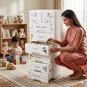 the tickle toe 8-drawer kids plastic wardrobe  white storage chest with cute animal amp floral prints  durable organizer for toys clothes amp essentials  44l x 285w x 114h cm