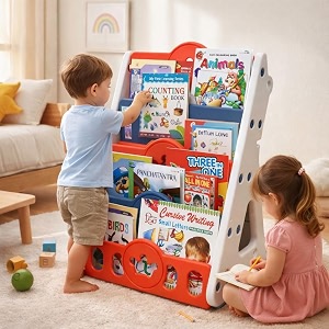 the tickle toe diy kids bookshelf rack - colorful magazine holder for toddlers  playroom amp nursery book organizer  red storage shelf for childrens books amp school supplies