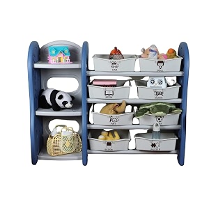 the tickle toe kids bookshelf amp toy organizer with storage bins  multi-functional rack for books amp toys  115l x 36w x 91h cm plastic blue