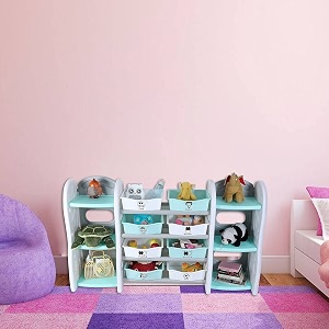 the tickle toe diy kids bookshelf toy storage organizer with baskets  plastic cabinet book rack for nursery school room  multipurpose shelf furniture  light green  155l x 36w x 90h cm