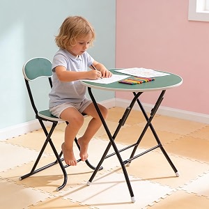 the tickle toe kids wooden round table amp chair set  safe amp sturdy multipurpose activity desk set for boys amp girls  blue amp white with green legs  ages 5-12