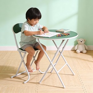 the tickle toe kids wooden round table amp chair set  safe amp sturdy multipurpose activity desk for boys amp girls  green amp black legs  ideal for ages 5-12