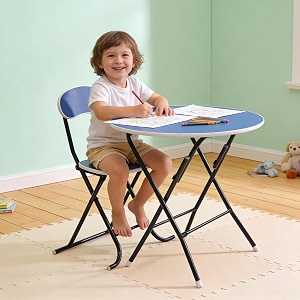 the tickle toe kids wooden round table amp chair set  multipurpose safe amp sturdy activity desk for boys amp girls  blue with black legs  ages 5-12 years