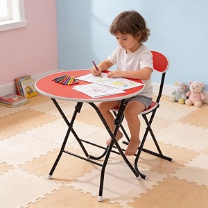 the tickle toe kids wooden round table amp chair set  safe amp sturdy multipurpose activity desk for boys amp girls  dark red  ages 5-12 years
