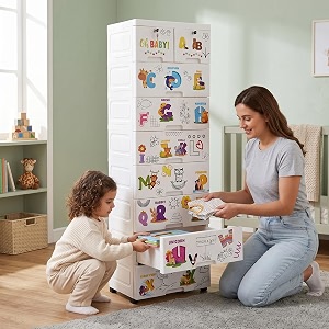the tickle toe plastic chest of 9 drawers for kids  multipurpose organizer amp kids wardrobe with 2 locks  glossy dresser for clothes amp toys  51lx33wx159h cm  white with alphabets print